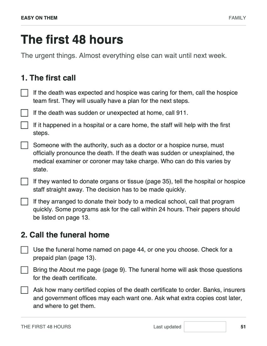 The first 48 hours page, with tick boxes for each step